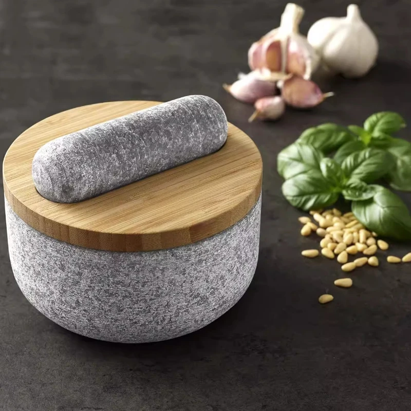 Mortar Pestle Granite - Penutup bambu untuk penggiling granit, mortir