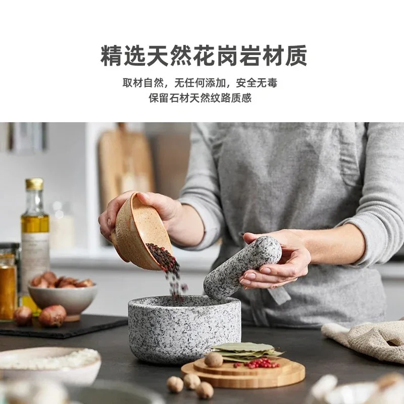 Mortar Pestle Granite - Penumbuk bawang putih dengan penutup bambu,